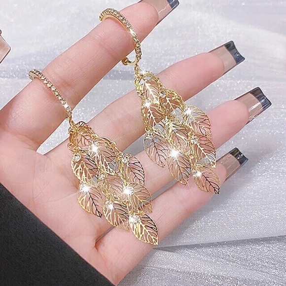 Jewelry - Gold Tone Rhinestone Diamond Hollow Leaf Bohemian Dangle Drop Earrings
